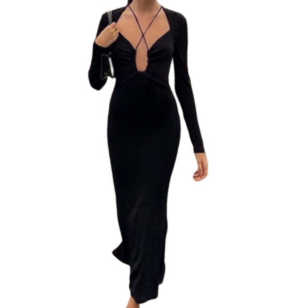 NWT Jason Wu Front Plunge Crossover Black Long Sleeve Midi Dress - Sz M